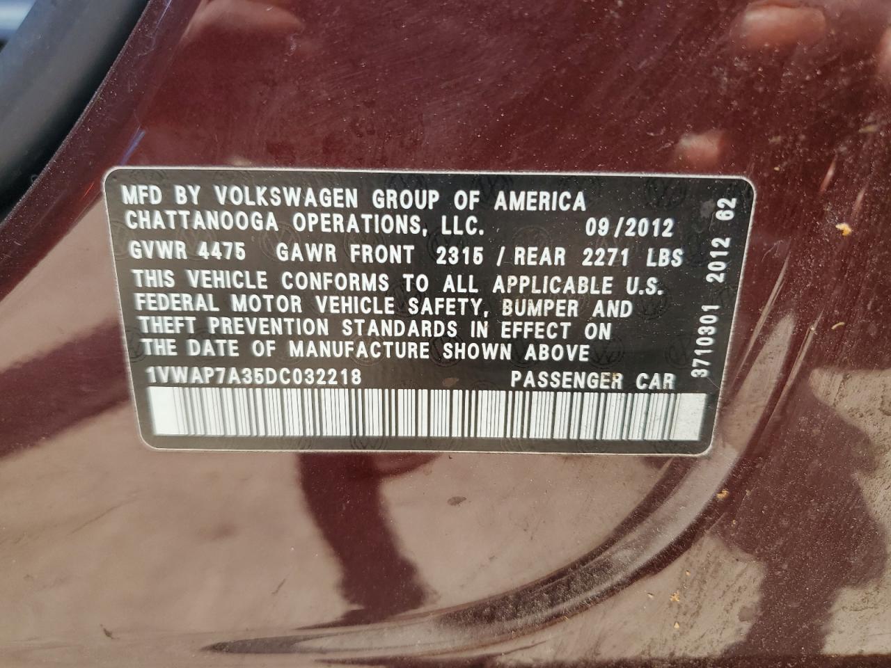 2013 Volkswagen Passat S Copart, lot number: 56232645, vin: 1VWAP7A35DC032218. Thumbnail 12