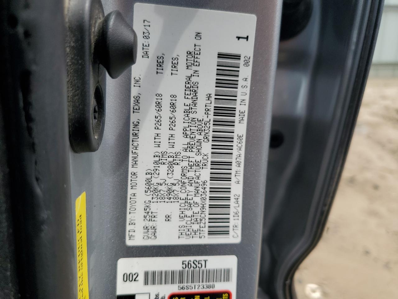 2017 Toyota Tacoma Double Cab Copart, lot number: 58433365, vin: 5TFEZ5CN9HX036496. Thumbnail 12