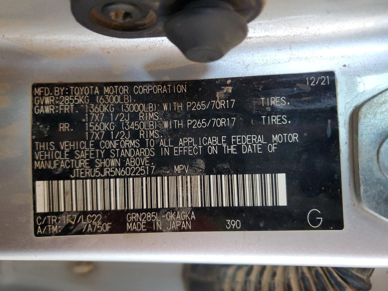 2022 Toyota 4Runner Sr5 Premium Copart, lot number: 55607515, vin: JTERU5JR5N6022517. Thumbnail 12