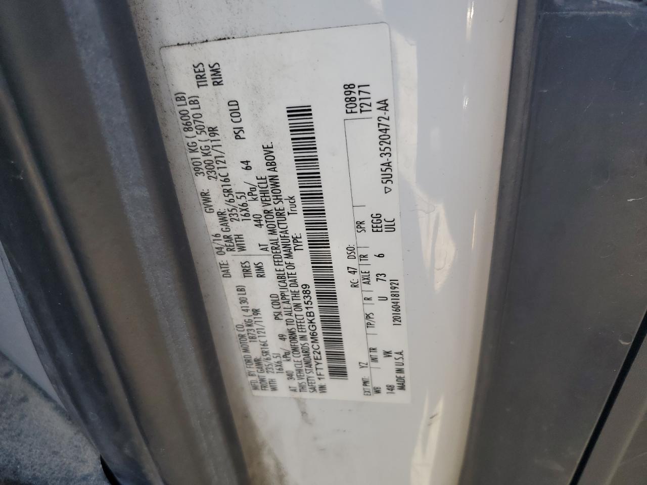 2016 Ford Transit T-150 Copart, lot number: 55665615, vin: 1FTYE2CM6GKB15389. Thumbnail 13