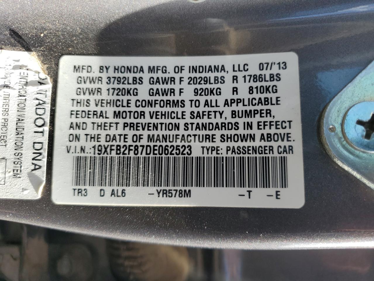 2013 Honda Civic Ex Copart, lot number: 56738315, vin: 19XFB2F87DE062523. Thumbnail 12