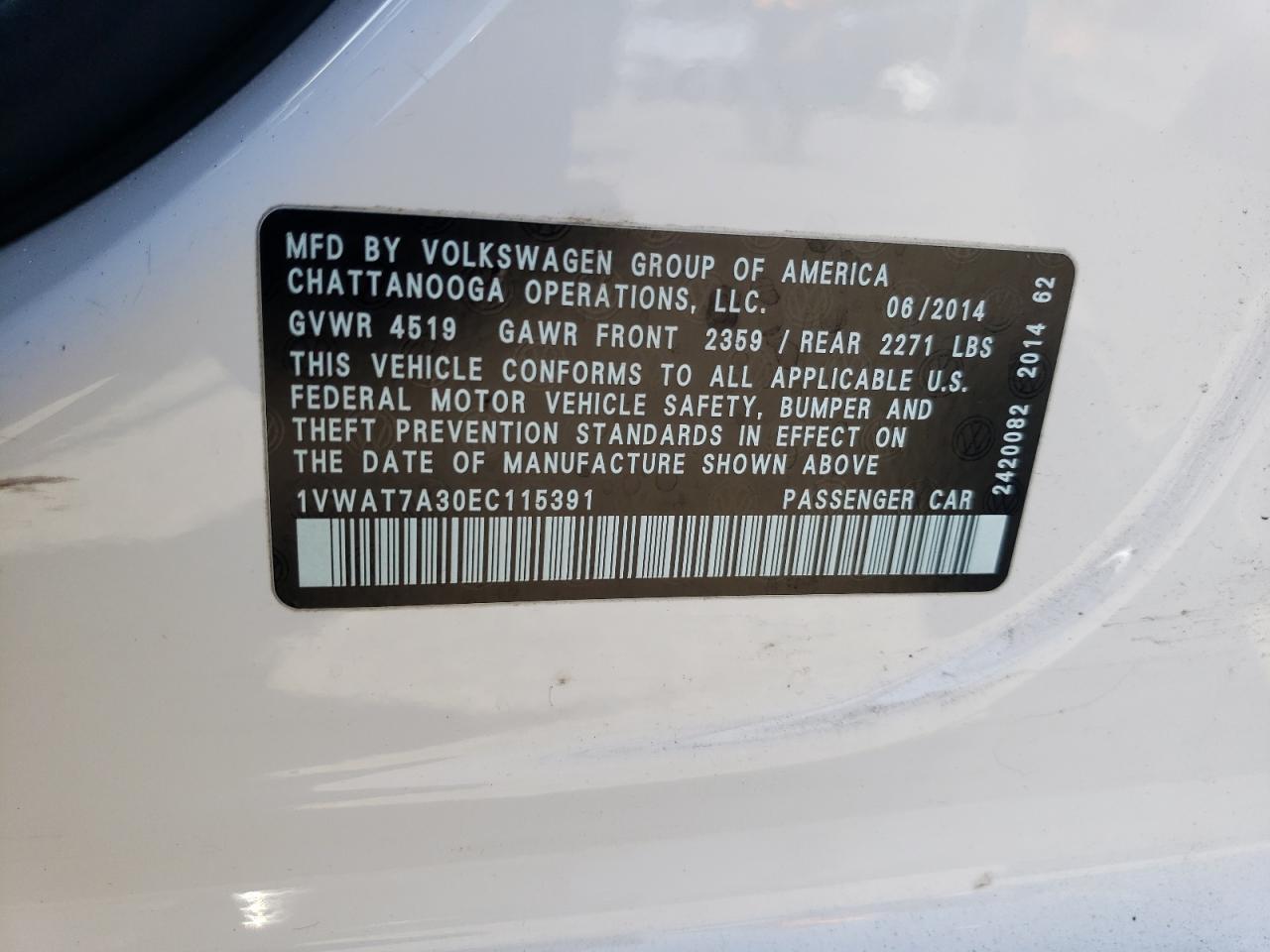 2014 Volkswagen Passat S Copart, lot number: 59058045, vin: 1VWAT7A30EC115391. Thumbnail 12