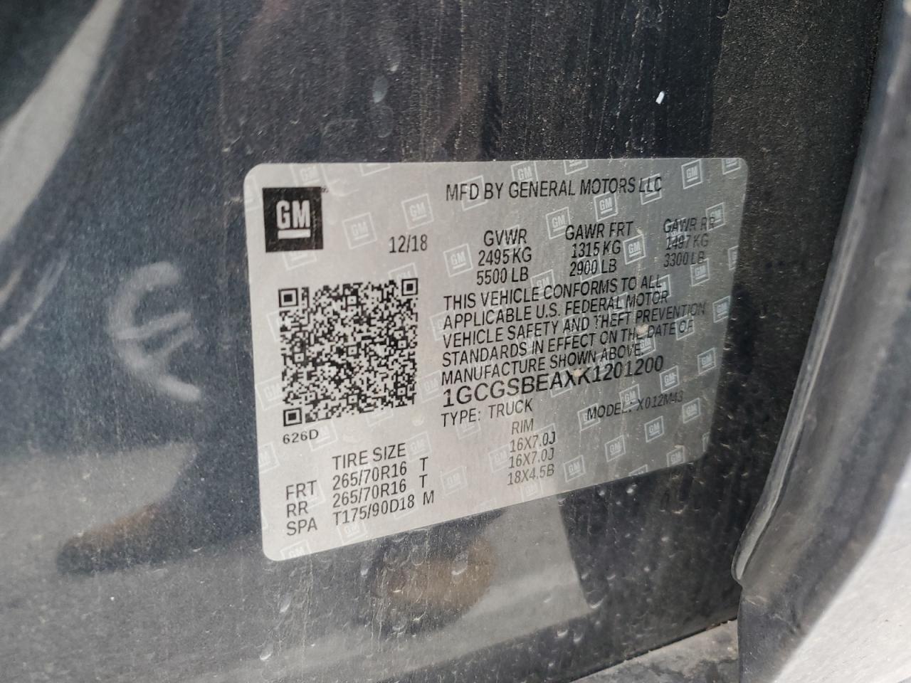 2019 Chevrolet Colorado Copart, lot number: 55603575, vin: 1GCGSBEAXK1201200. Thumbnail 12