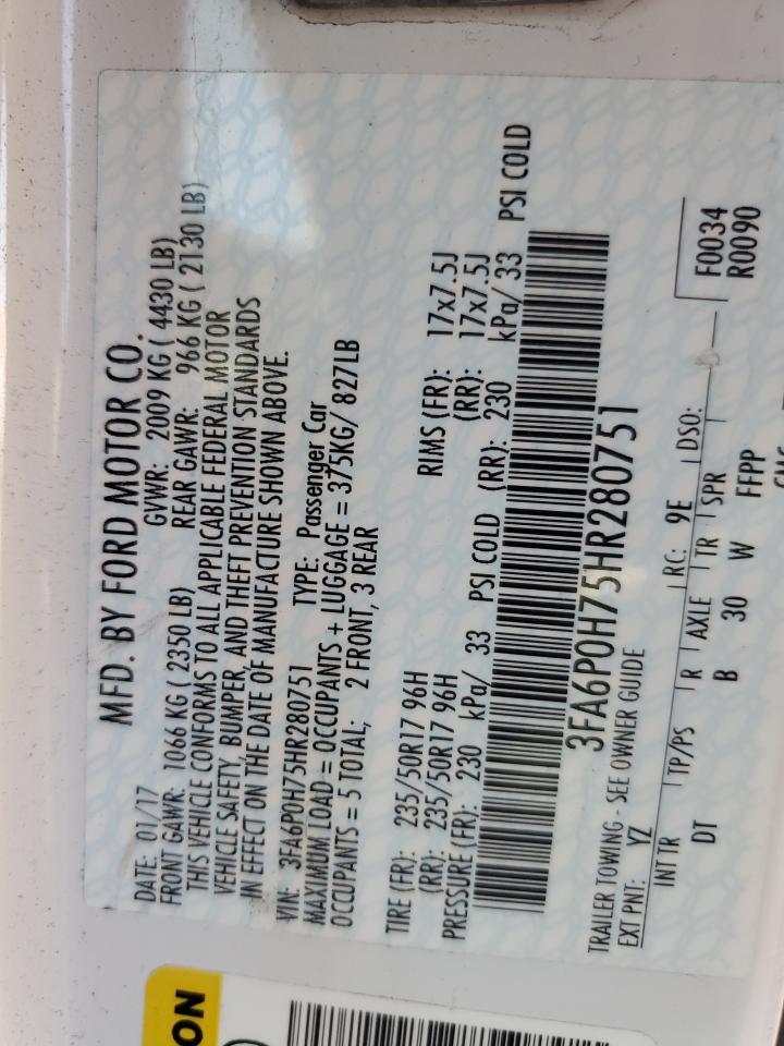 2017 Ford Fusion Se Copart, lot number: 59403175, vin: 3FA6P0H75HR280751. Thumbnail 12