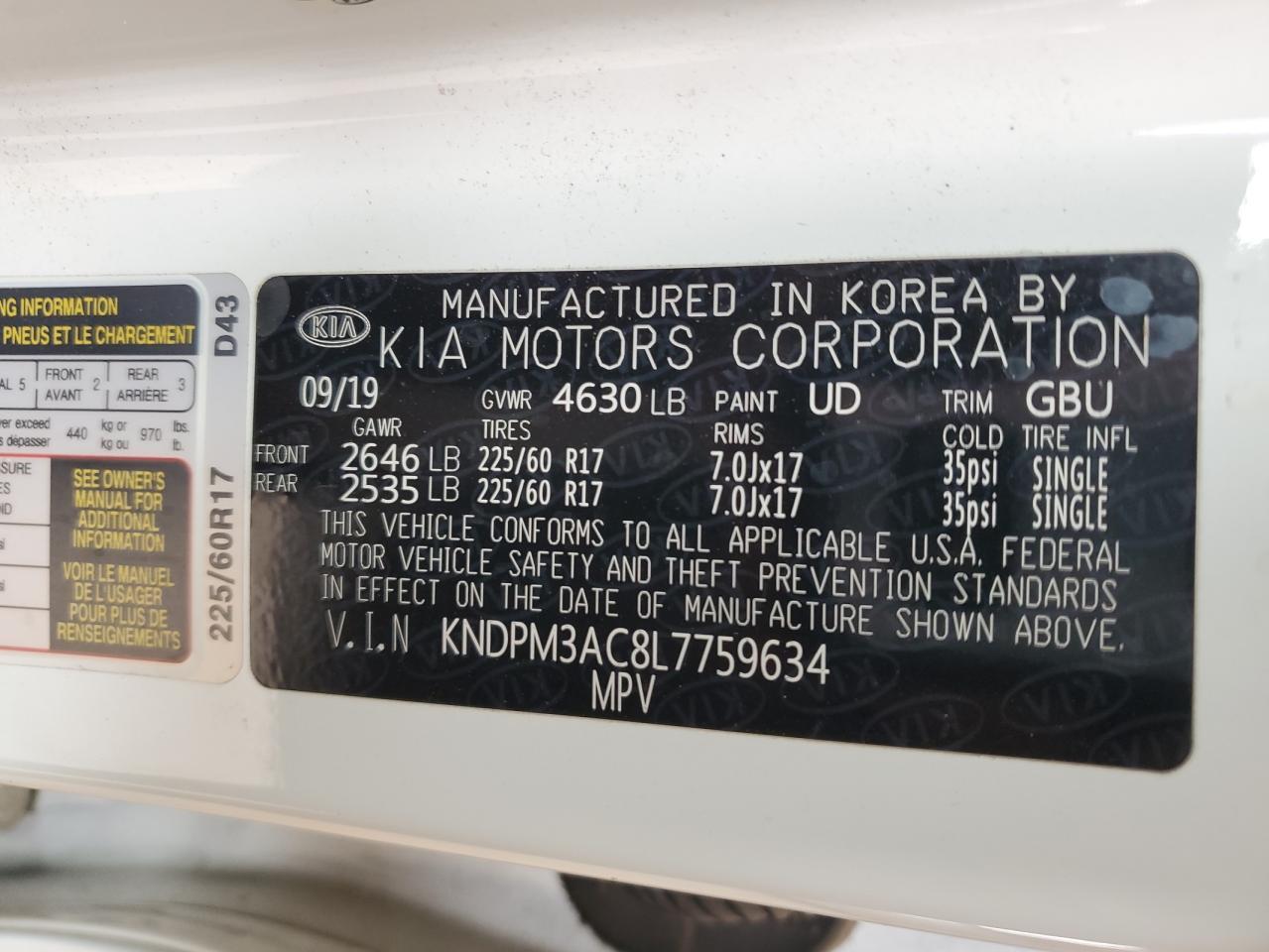 2020 Kia Sportage Lx Copart, lot number: 58434485, vin: KNDPM3AC8L7759634. Thumbnail 13