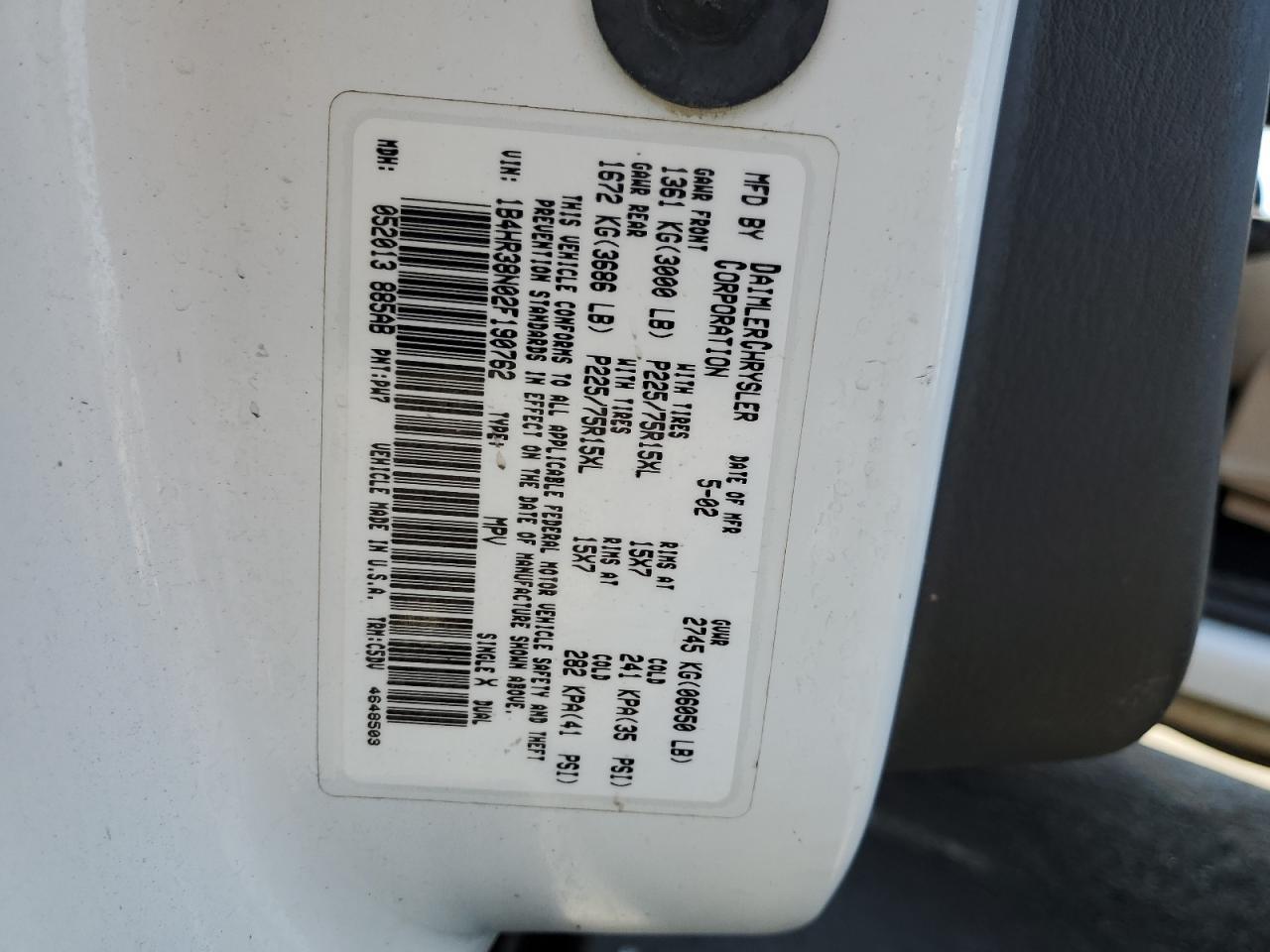 2002 Dodge Durango Sport Copart, lot number: 58596865, vin: 1B4HR38N02F190762. Thumbnail 13