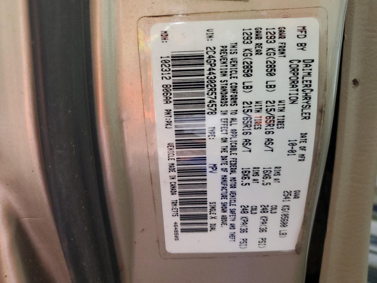 2002 Chrysler Town & Country Lx Copart, lot number: 58978775, vin: 2C4GP44302R574578. Thumbnail 13