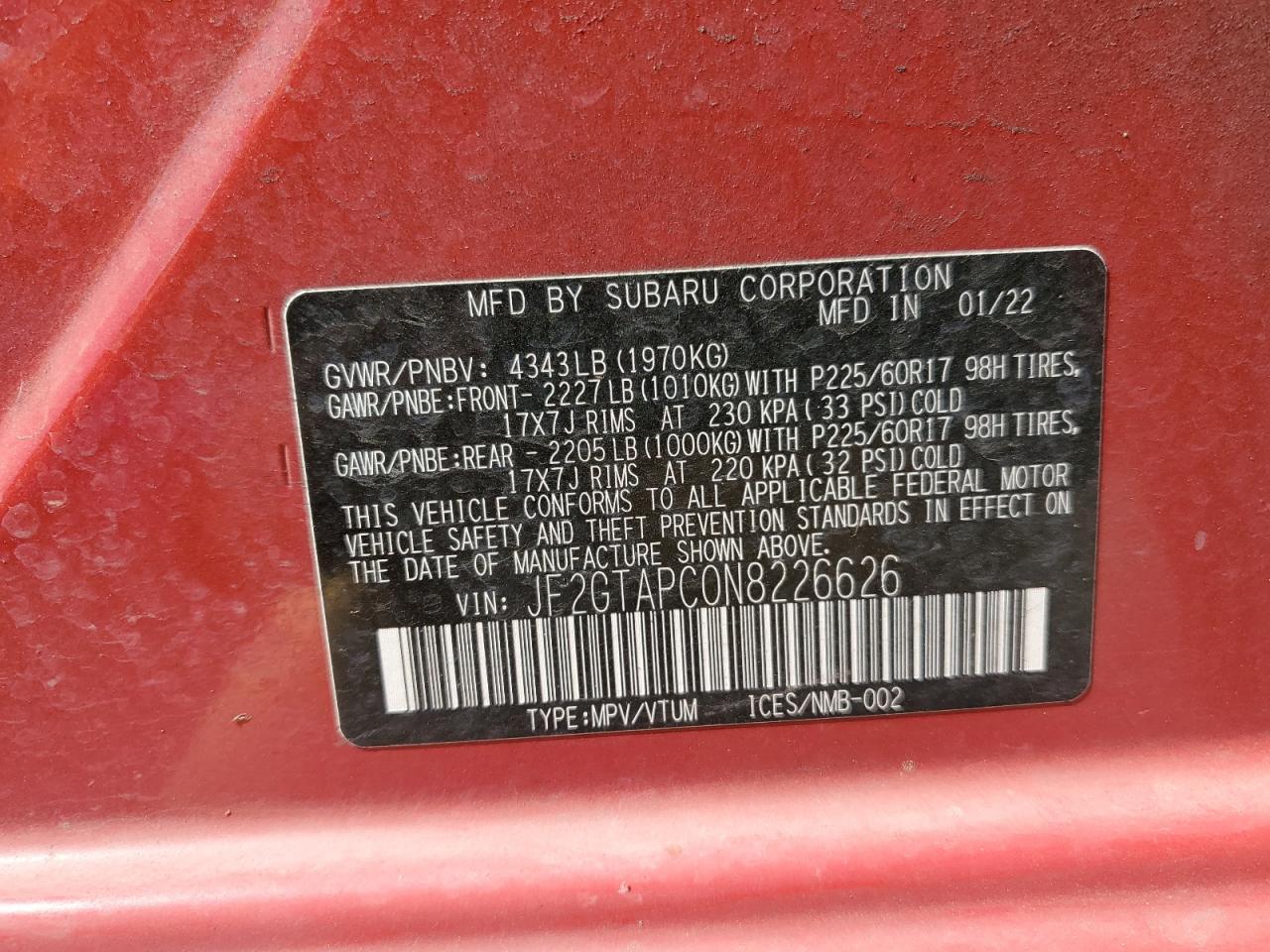 2022 Subaru Crosstrek Premium Copart, lot number: 58590925, vin: JF2GTAPC0N8226626. Thumbnail 14