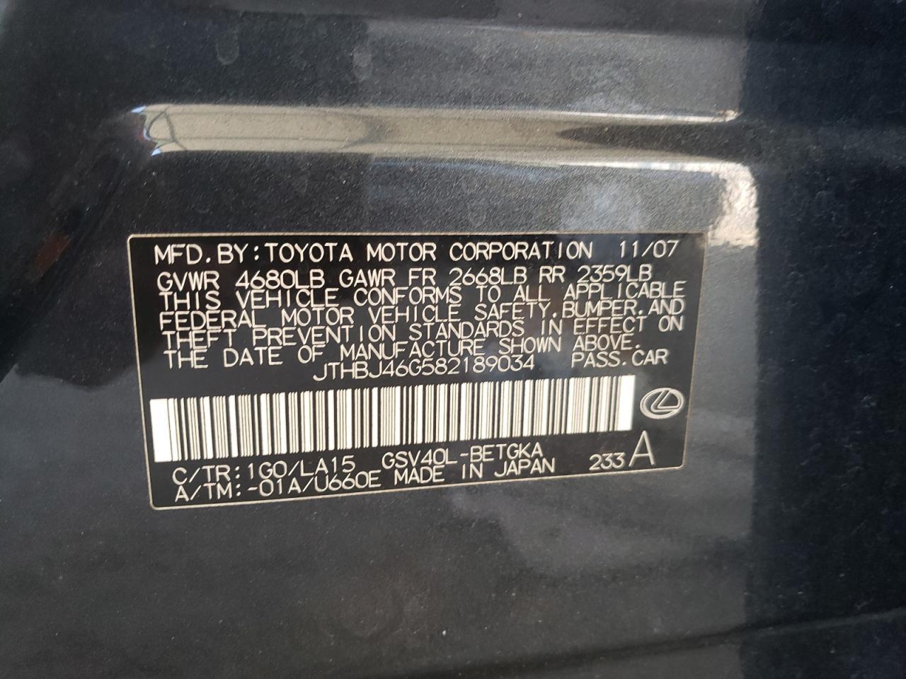 2008 Lexus Es 350 Copart, lot number: 56055385, vin: JTHBJ46G582189034. Thumbnail 13