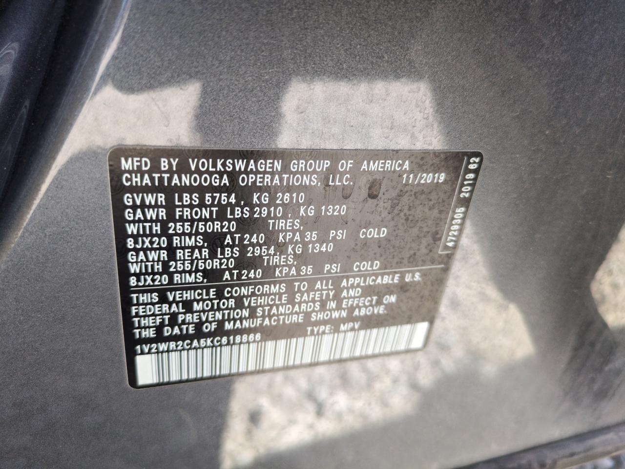 2019 Volkswagen Atlas Se Copart, lot number: 58858985, vin: 1V2WR2CA5KC618866. Thumbnail 14