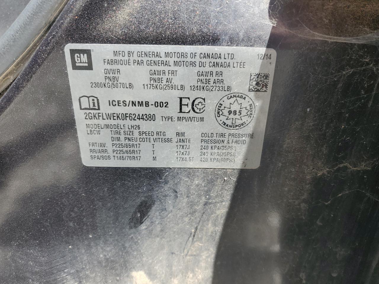 2015 GMC Terrain Sle Copart, lot number: 56450985, vin: 2GKFLWEK0F6244380. Thumbnail 13