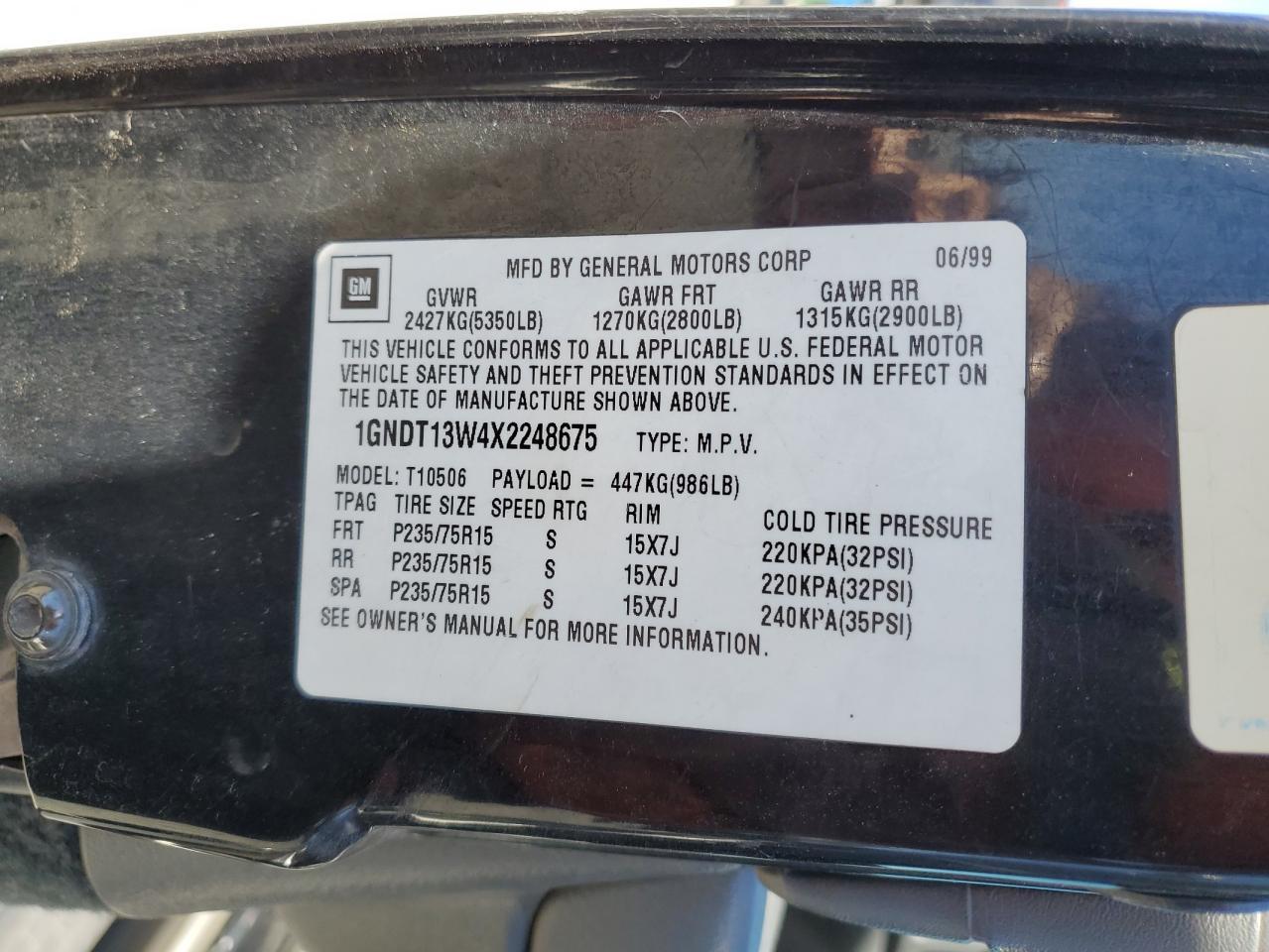 1999 Chevrolet Blazer Copart, lot number: 59103635, vin: 1GNDT13W4X2248675. Thumbnail 13
