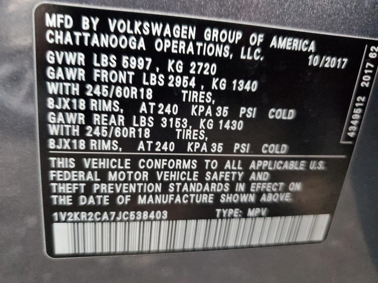 2018 Volkswagen Atlas Se Copart, lot number: 59406555, vin: 1V2KR2CA7JC538403. Thumbnail 13