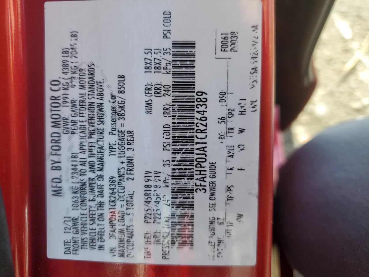 2012 Ford Fusion Sel Copart, lot number: 56796145, vin: 3FAHP0JA1CR264389. Thumbnail 12