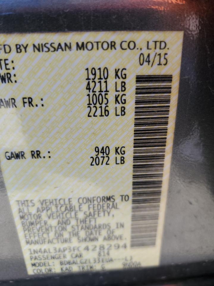 2015 Nissan Altima 2.5 Copart, lot number: 56410995, vin: 1N4AL3AP3FC428294. Thumbnail 12