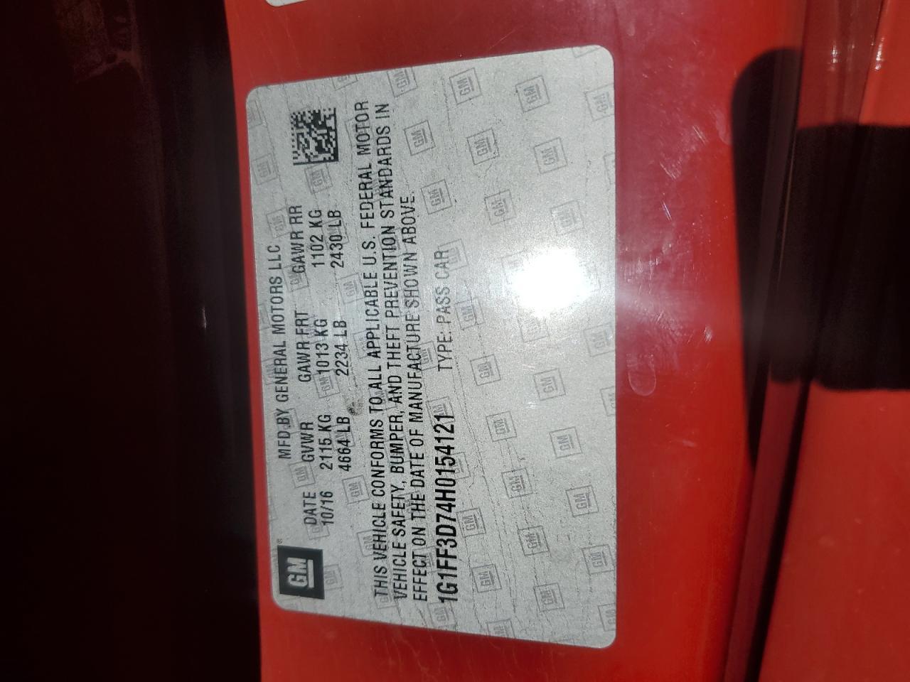 2017 Chevrolet Camaro Ss Copart, lot number: 56411705, vin: 1G1FF3D74H0154121. Thumbnail 12