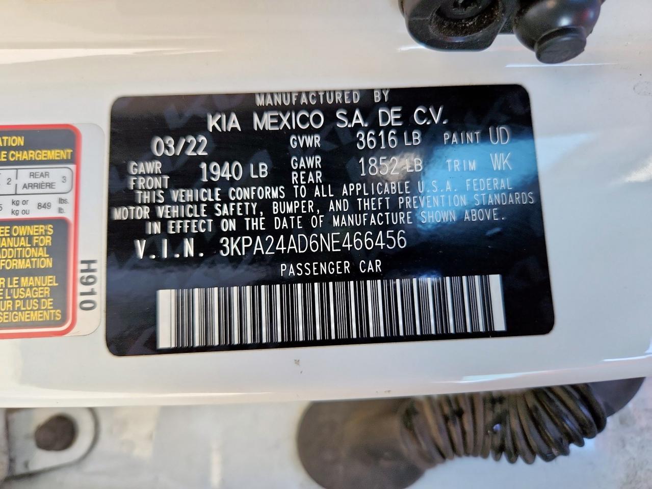 2022 Kia Rio Lx Copart, lot number: 58511785, vin: 3KPA24AD6NE466456. Thumbnail 12