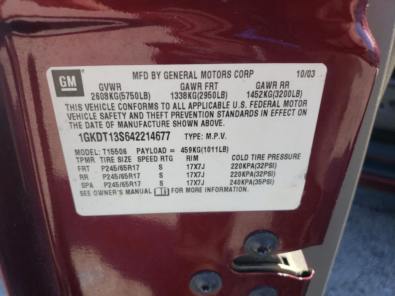 2004 GMC Envoy Copart, lot number: 58557135, vin: 1GKDT13S642214677. Thumbnail 13