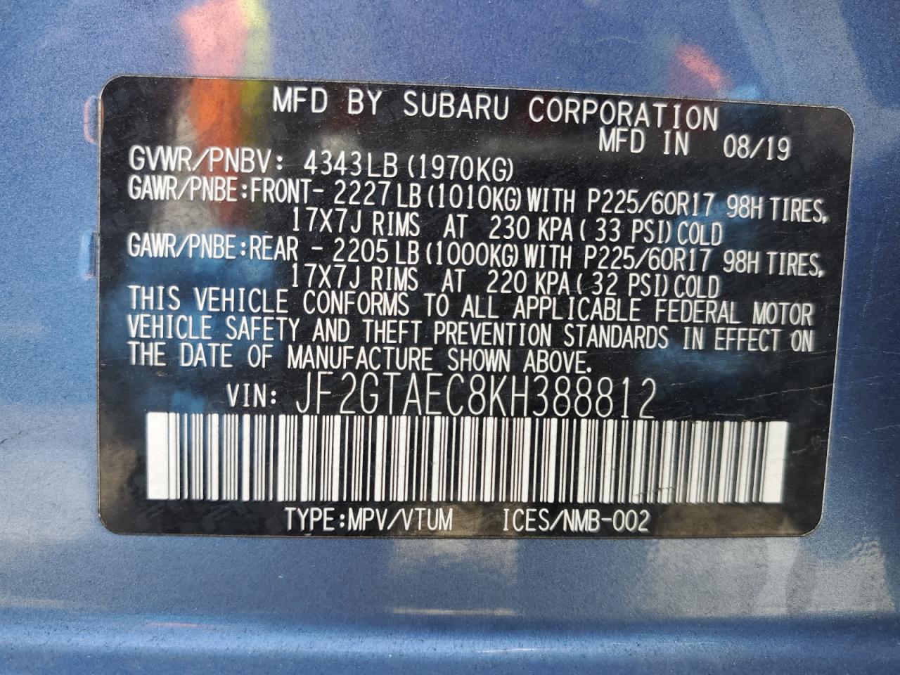 2019 Subaru Crosstrek Premium Copart, lot number: 59234445, vin: JF2GTAEC8KH388812. Thumbnail 12