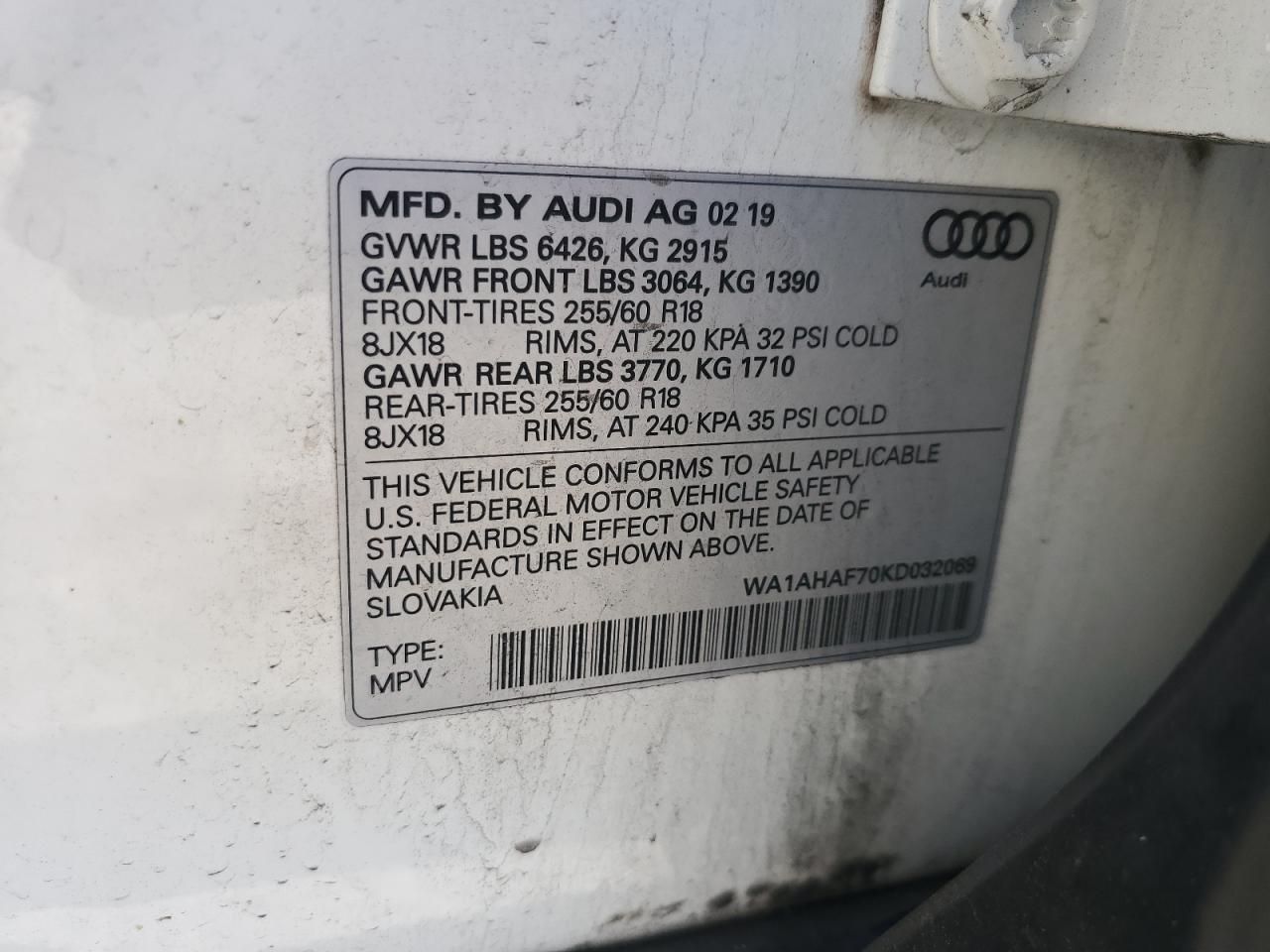 2019 Audi Q7 Premium Copart, lot number: 58946995, vin: WA1AHAF70KD032069. Thumbnail 13