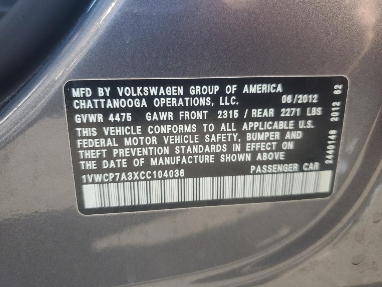 2012 Volkswagen Passat Sel Copart, lot number: 55703235, vin: 1VWCP7A3XCC104036. Thumbnail 12