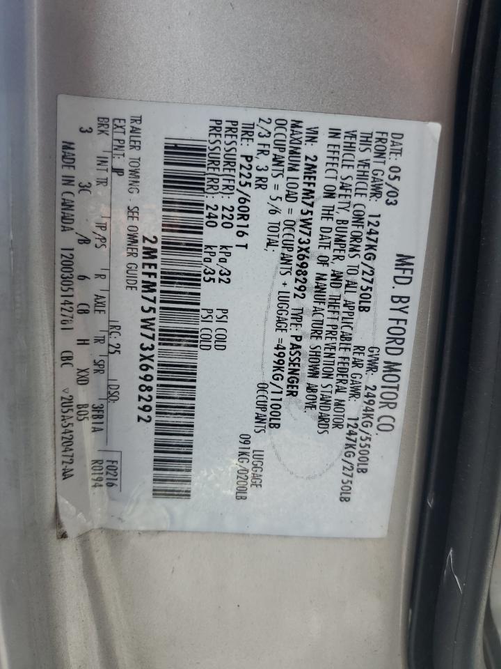 2003 Mercury Grand Marquis Ls Copart, lot number: 58814765, vin: 2MEFM75W73X698292. Thumbnail 12