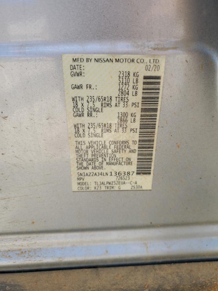 2020 Nissan Murano S Copart, lot number: 58673265, vin: 5N1AZ2AJ4LN136387. Thumbnail 13