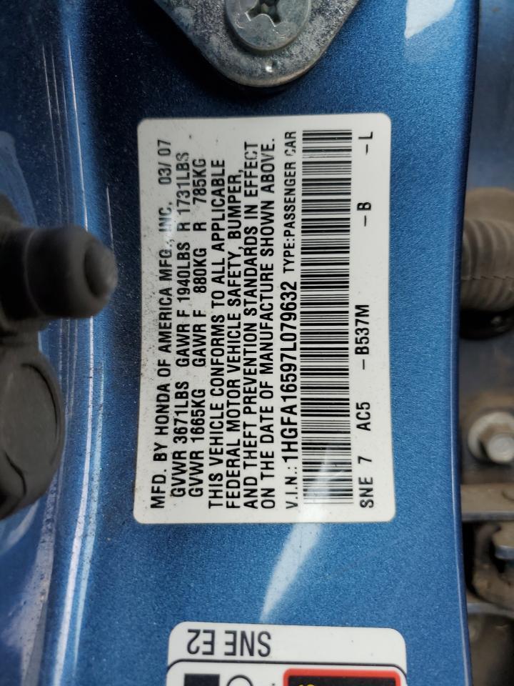 2007 Honda Civic Lx Copart, lot number: 56796245, vin: 1HGFA16597L079632. Thumbnail 12