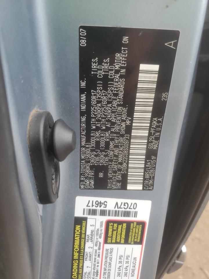 2008 Toyota Sienna Xle Copart, lot number: 59139855, vin: 5TDBK22C08S009733. Thumbnail 13