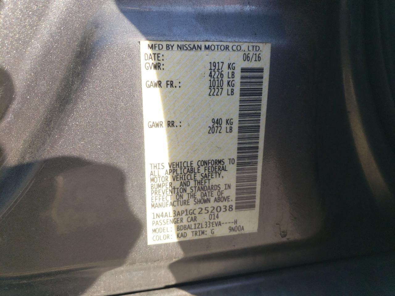 2016 Nissan Altima 2.5 Copart, lot number: 56249985, vin: 1N4AL3AP1GC252038. Thumbnail 12