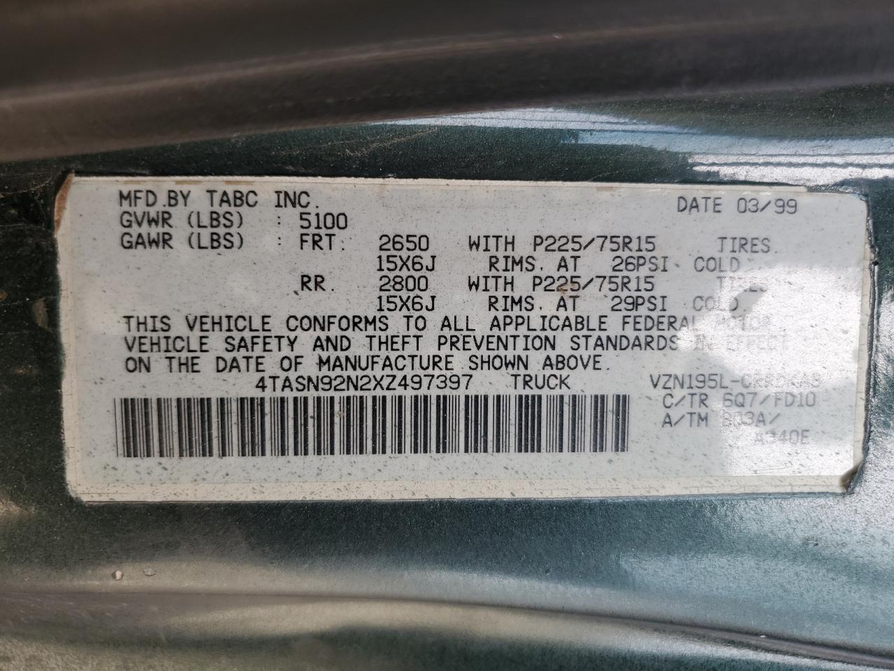 1999 Toyota Tacoma Xtracab Prerunner Copart, lot number: 56367005, vin: 4TASN92N2XZ497397. Thumbnail 12