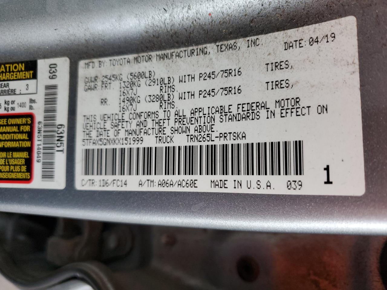 2019 Toyota Tacoma Double Cab Copart, lot number: 56411615, vin: 5TFAX5GNXKX151999. Thumbnail 12