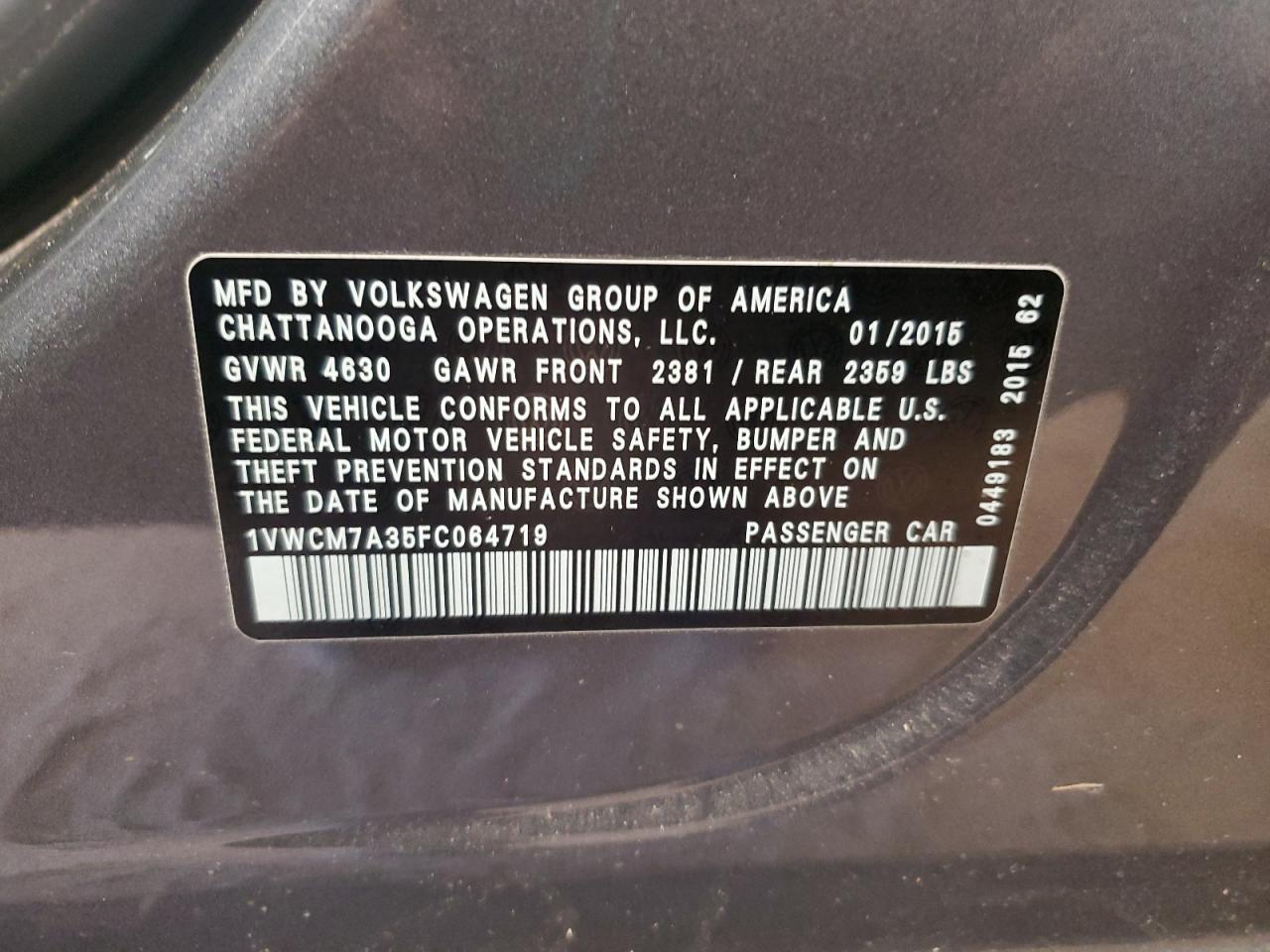 2015 Volkswagen Passat Sel Copart, lot number: 56012995, vin: 1VWCM7A35FC064719. Thumbnail 12