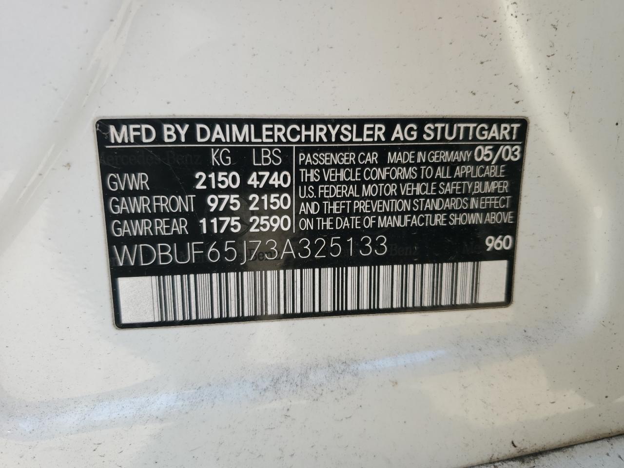 2005 Mercury E 320 Copart, lot number: 57530955, vin: WDBUF65J73A325133. Thumbnail 12