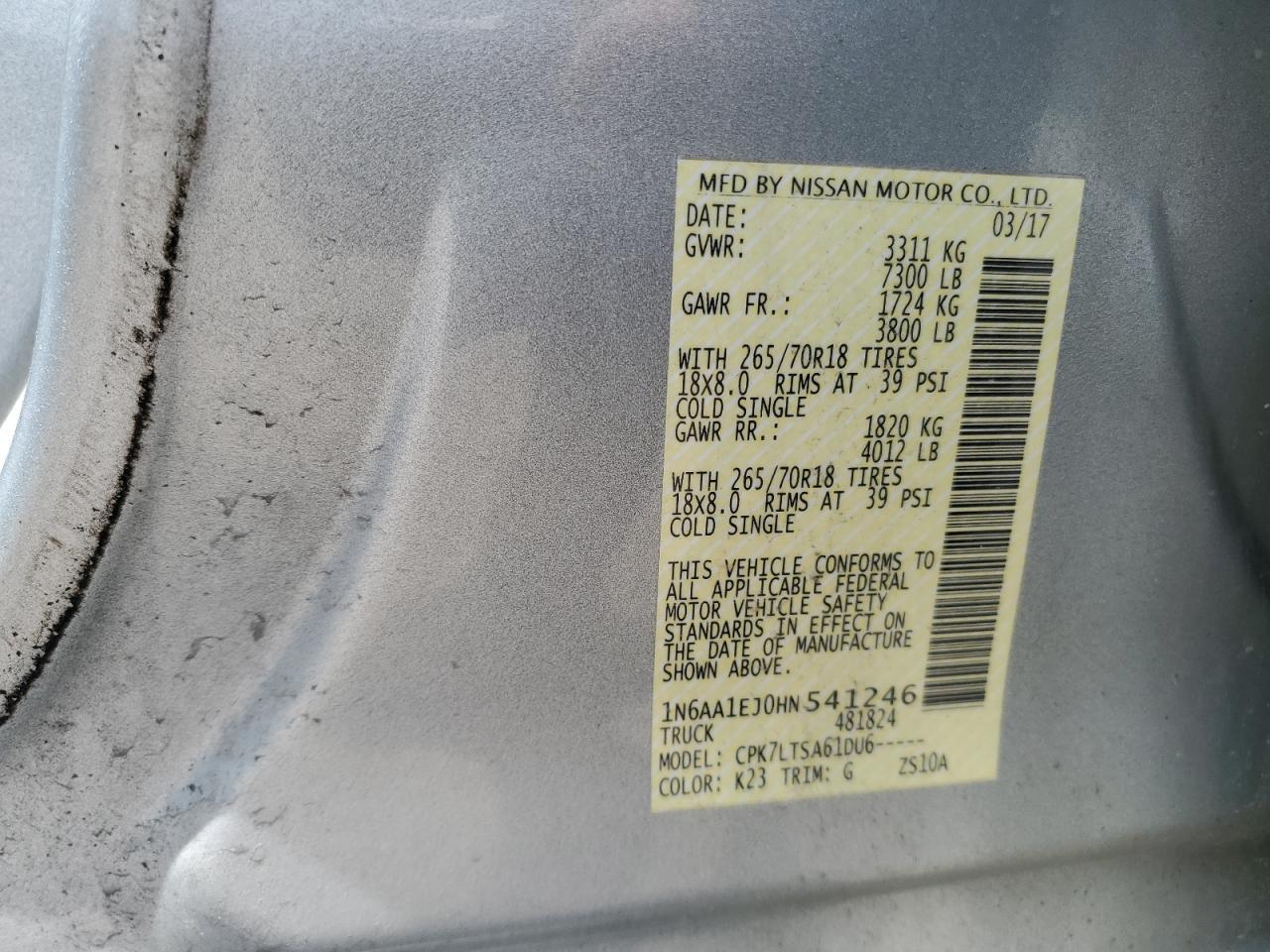 2017 Nissan Titan S Copart, lot number: 57471925, vin: 1N6AA1EJ0HN541246. Thumbnail 12