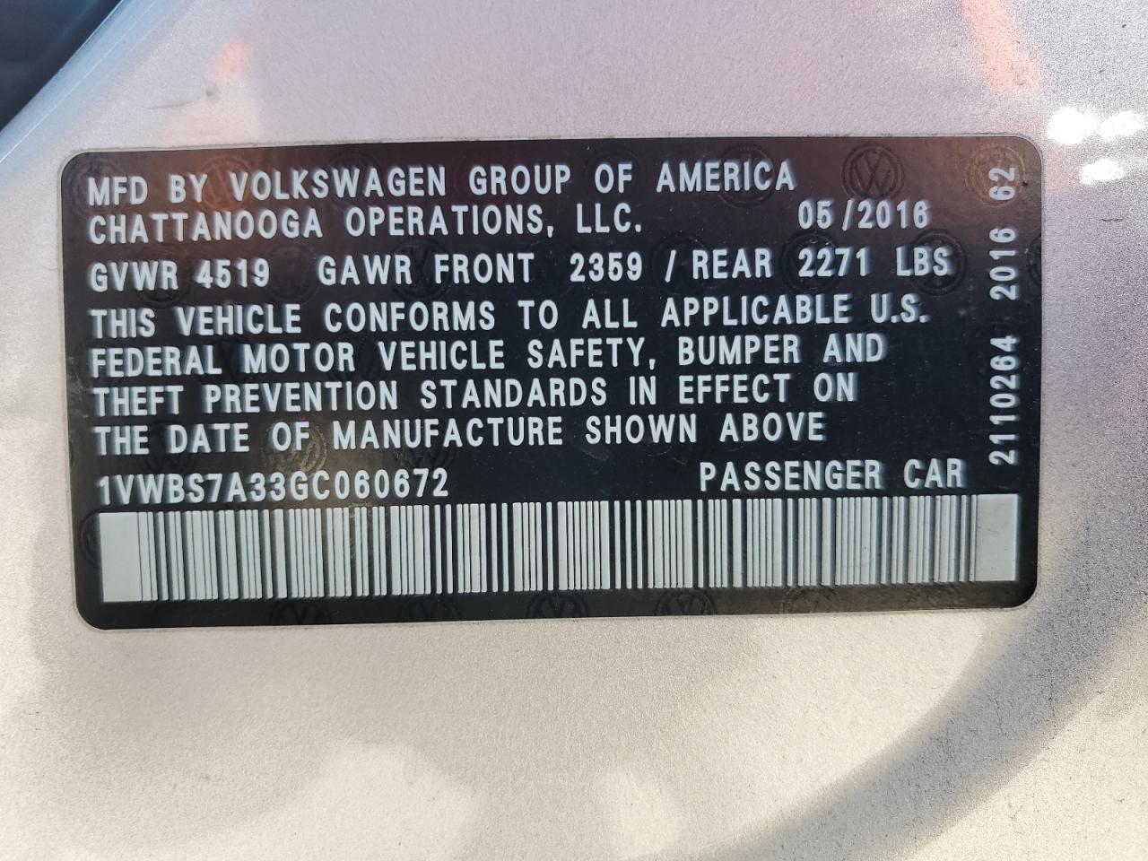 2016 Volkswagen Passat Se Copart, lot number: 56128005, vin: 1VWBS7A33GC060672. Thumbnail 12