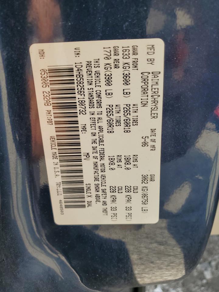 2006 Dodge Durango Limited Copart, lot number: 54835135, vin: 1D4HB58256F180732. Thumbnail 13