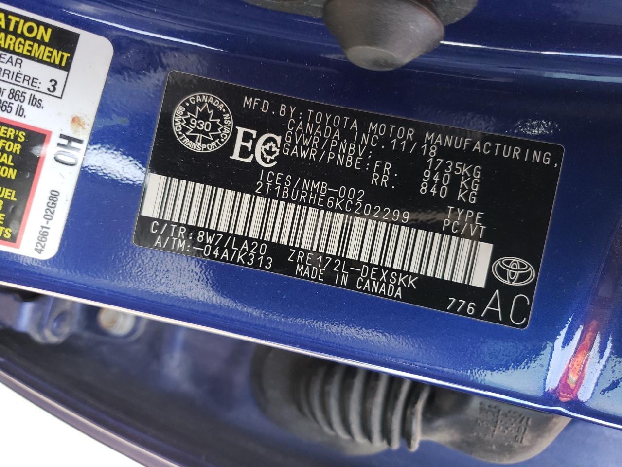 2019 Toyota Corolla L Copart, lot number: 56719575, vin: 2T1BURHE6KC202299. Thumbnail 13