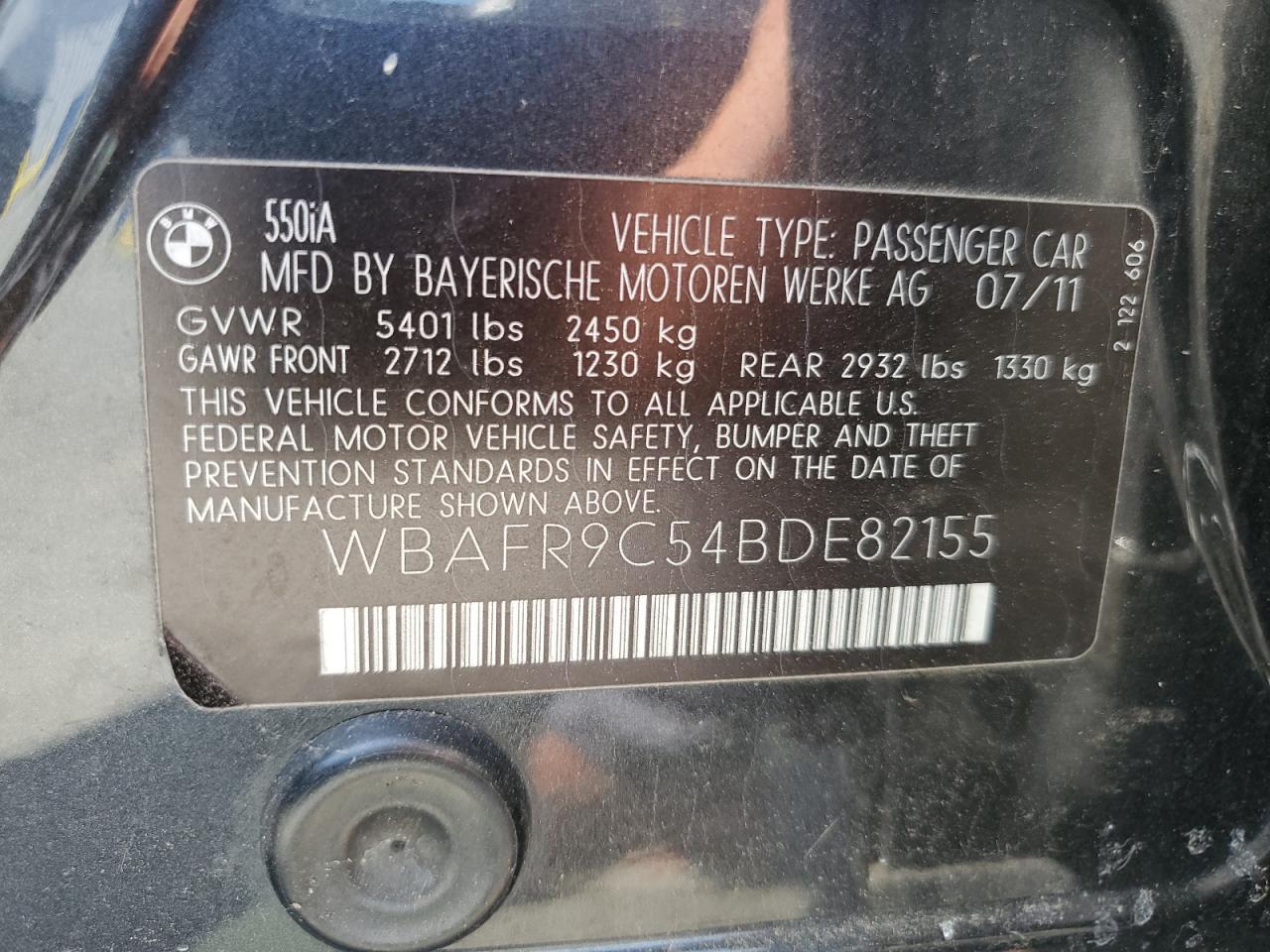 2011 BMW 550 I Copart, lot number: 59286485, vin: WBAFR9C54BDE82155. Thumbnail 12