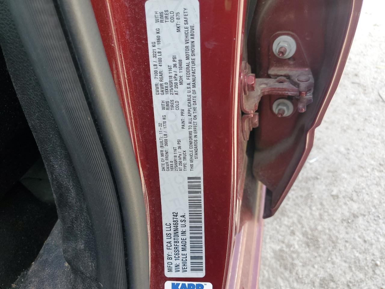 2022 Ram 1500 Big Horn/Lone Star Copart, lot number: 55498705, vin: 1C6SRFBT0NN468742. Thumbnail 12