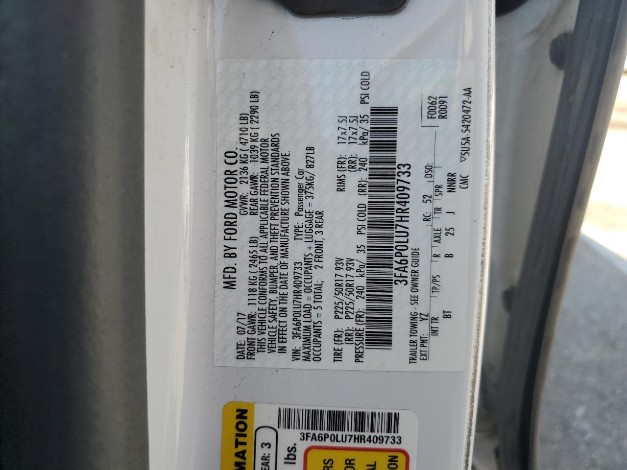 2017 Ford Fusion Se Hybrid Copart, lot number: 54029485, vin: 3FA6P0LU7HR409733. Thumbnail 12