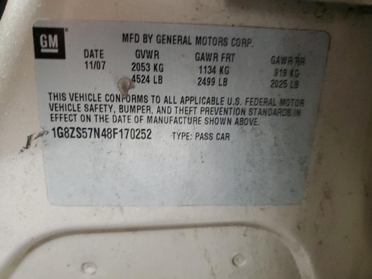 2008 Saturn Aura Xe Copart, lot number: 58390315, vin: 1G8ZS57N48F170252. Thumbnail 12