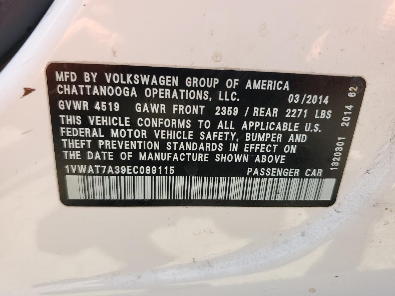 2014 Volkswagen Passat S Copart, lot number: 58668365, vin: 1VWAT7A39EC089115. Thumbnail 12