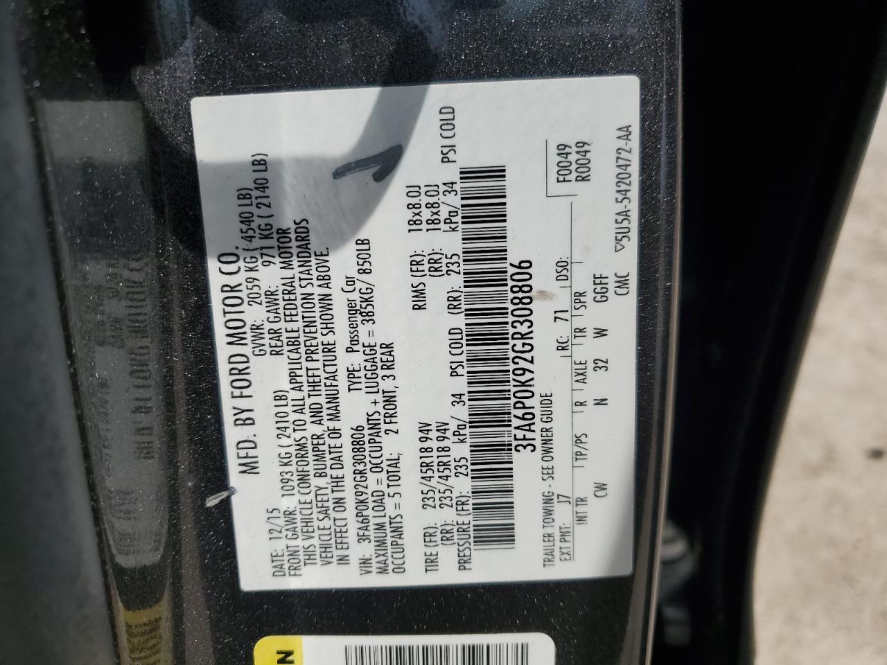 2016 Ford Fusion Titanium Copart, lot number: 56481165, vin: 3FA6P0K92GR308806. Thumbnail 12