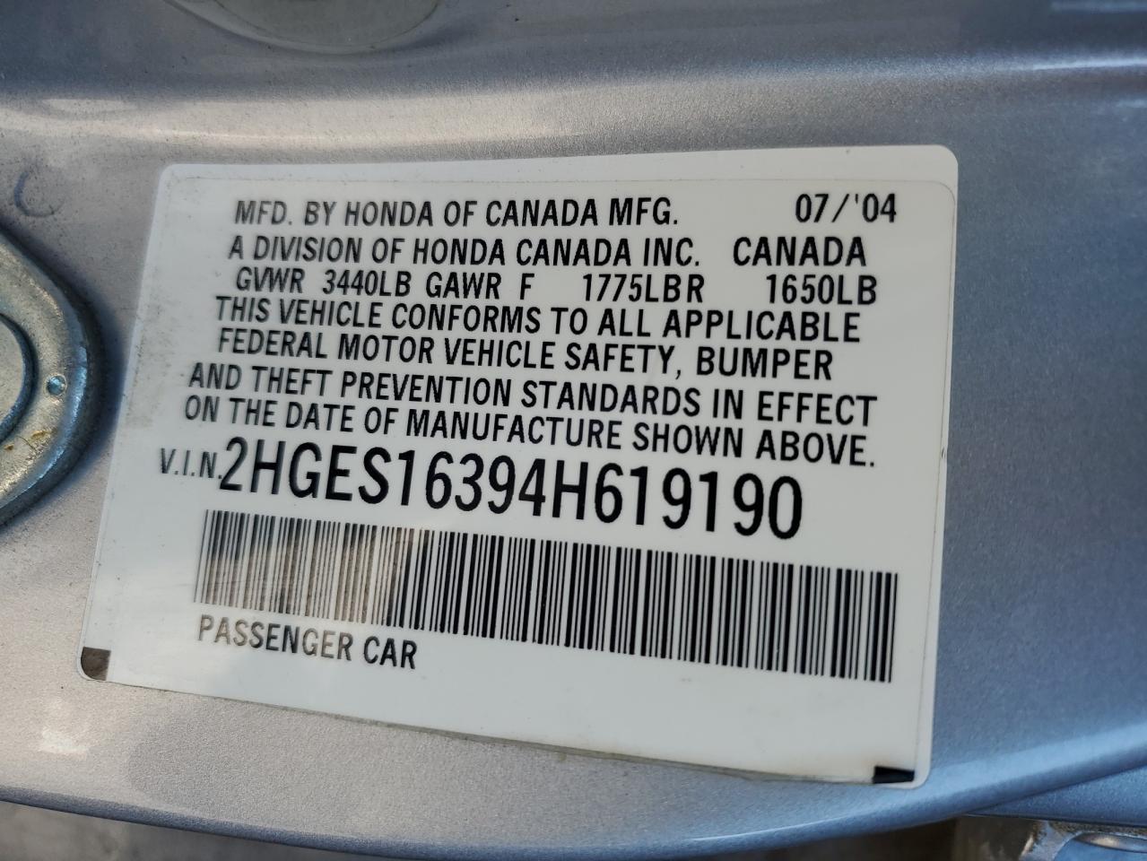 2004 Honda Civic Dx Vp Copart, lot number: 56435475, vin: 2HGES16394H619190. Thumbnail 13