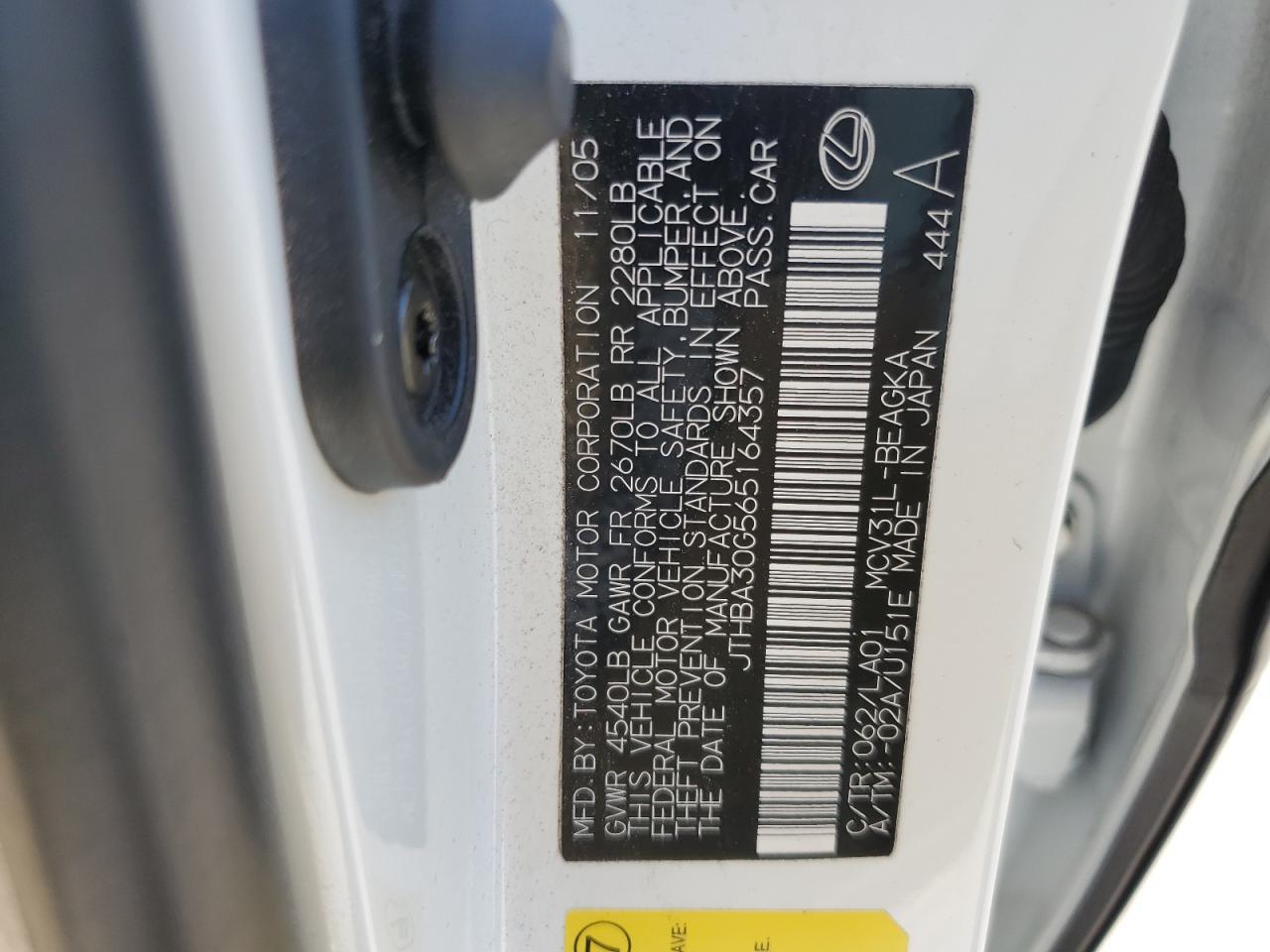 2006 Lexus Es 330 Copart, lot number: 55986695, vin: JTHBA30G565164357. Thumbnail 12