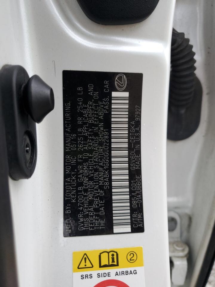 2016 Lexus Es 350 Copart, lot number: 54763315, vin: 58ABK1GG0GU022891. Thumbnail 12