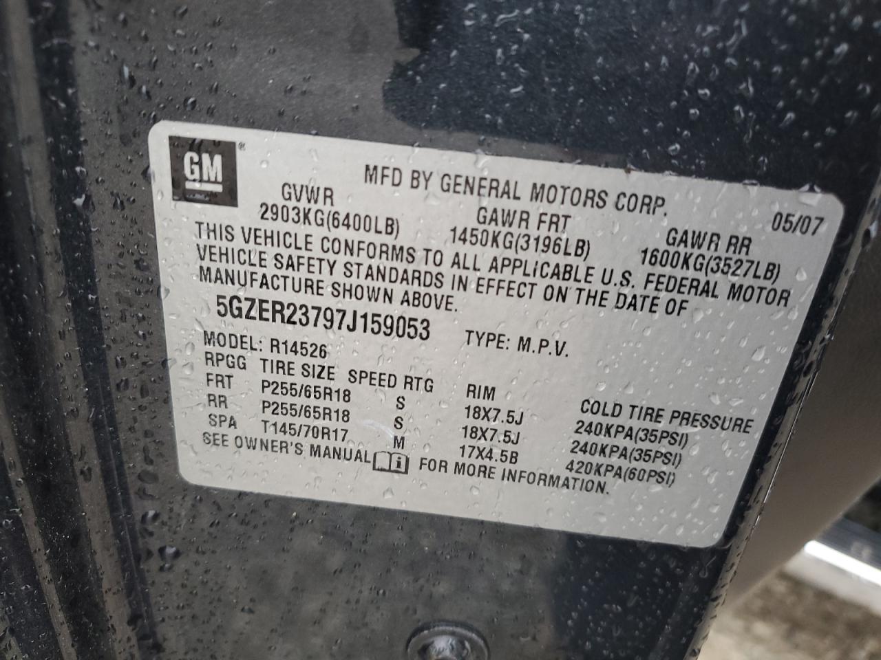 2007 Saturn Outlook Xr Copart, lot number: 58959695, vin: 5GZER23797J159053. Thumbnail 13