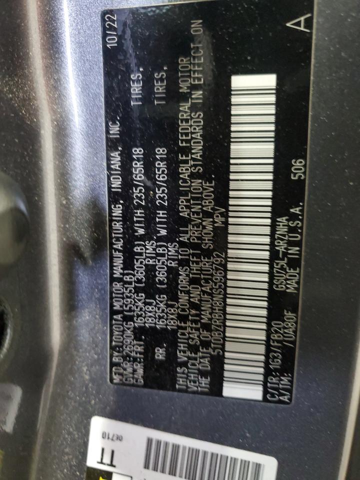 2022 Toyota Highlander L Copart, lot number: 56416845, vin: 5TDBZRBH8NS596792. Thumbnail 13