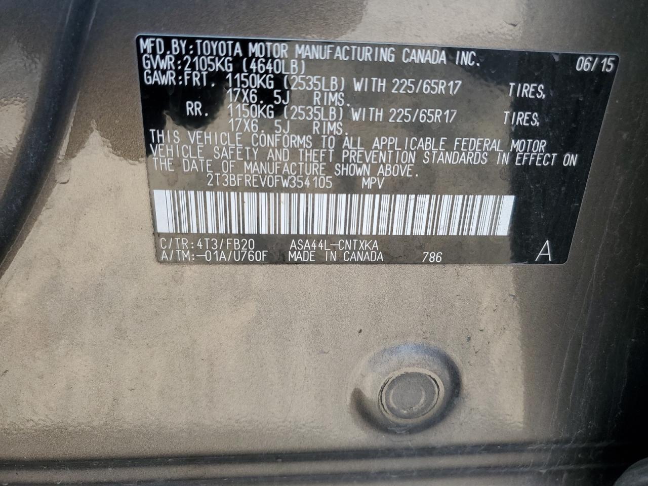 2015 Toyota Rav4 Le Copart, lot number: 56786585, vin: 2T3BFREV0FW354105. Thumbnail 12